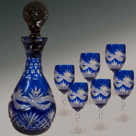 Servicio de 6 copas de vino Art Deco de cristal azul cobalto y garrafa.