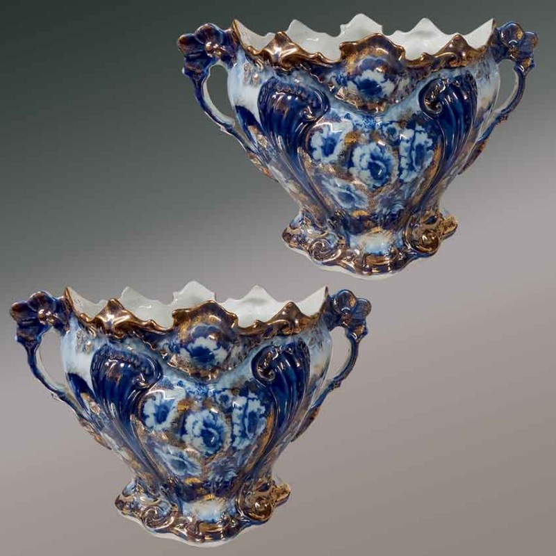 pair antique staffordshire ceramic planters blue floral gilt english cache pots