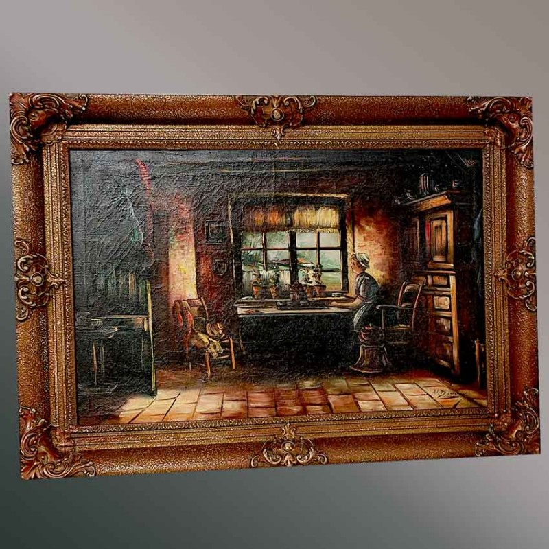 antique oil painting 19th century interior scene woman sewing fireplace cat framed artwork