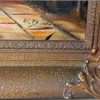 tableau ancien huile sur toile scene interieur femme couture cheminee chat peinture ancienne