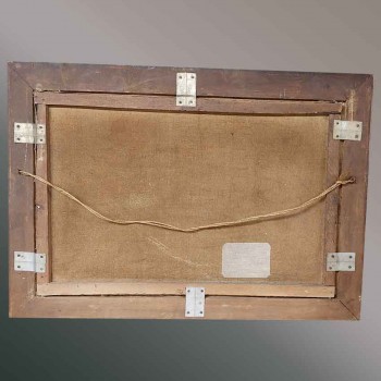 Antiek olieverfschilderij op doek, interieurscène, vrouw aan het naaien, open haard, kat, antiek schilderij