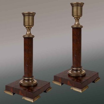 Pair of Louis XVI candlesticks, griotte marble, bronze, 18th century, antique candlesticks