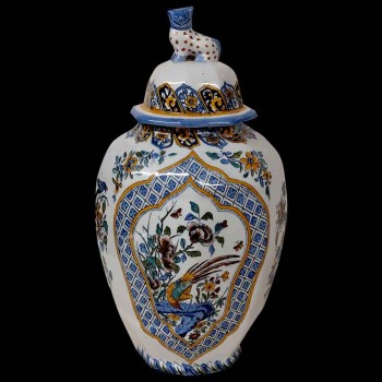 pair antique ginger jars 19th century hand painted exotic decor foo dogs birds flowers