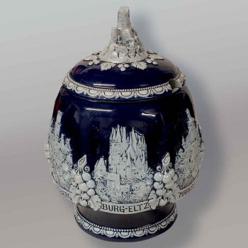 pot à punch ancien céramique allemande bleu cobalt décor châteaux relief