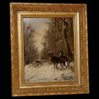 Tableau HST cerfs dans un paysage enneigé fin 19ème siècle signé