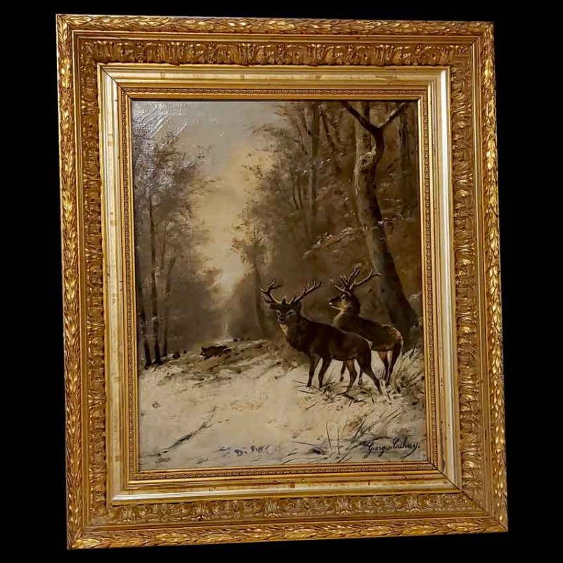 HST painting deer in a snowy landscape late 19th century signed