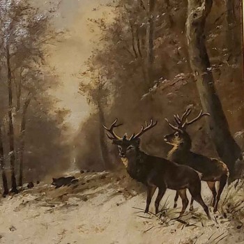 Tableau HST cerfs dans un paysage enneigé fin 19ème siècle signé