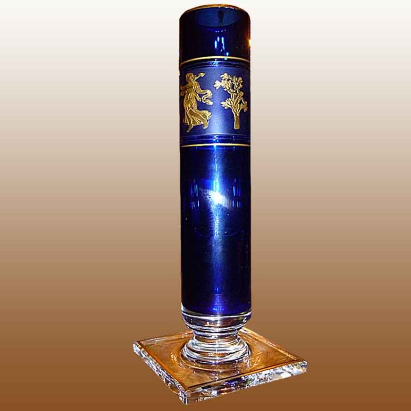 Sontuoso vaso Val Saint Lambert in cristallo blu e oro 22 carati decoro Danza di Flora