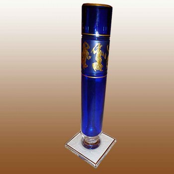 Sontuoso vaso Val Saint Lambert in cristallo blu e oro 22 carati decoro Danza di Flora