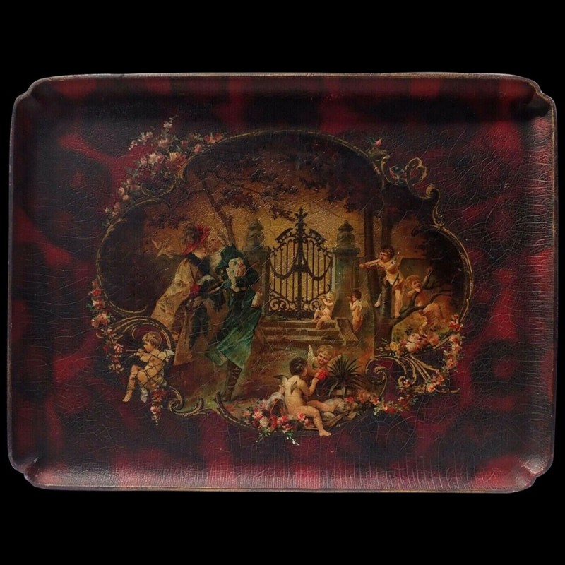 Napoleon III tray with romantic decoration, boiled cardboard Napoleon III tray with romantic decoration, boiled cardboard