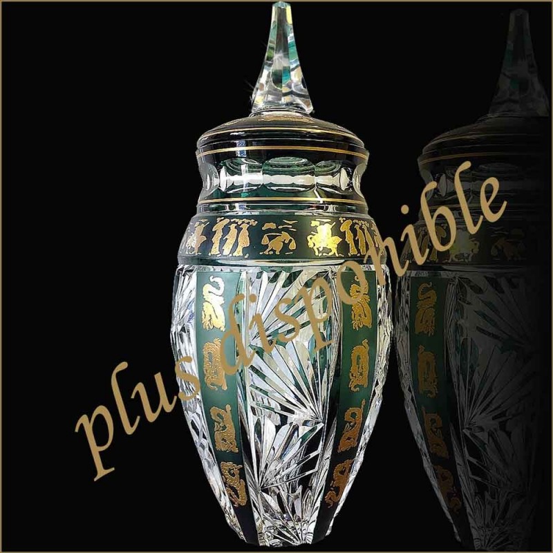 Vase couvert en cristal val saint Lambert signe decor chinois Vase couvert en cristal val saint Lambert signe decor chinois