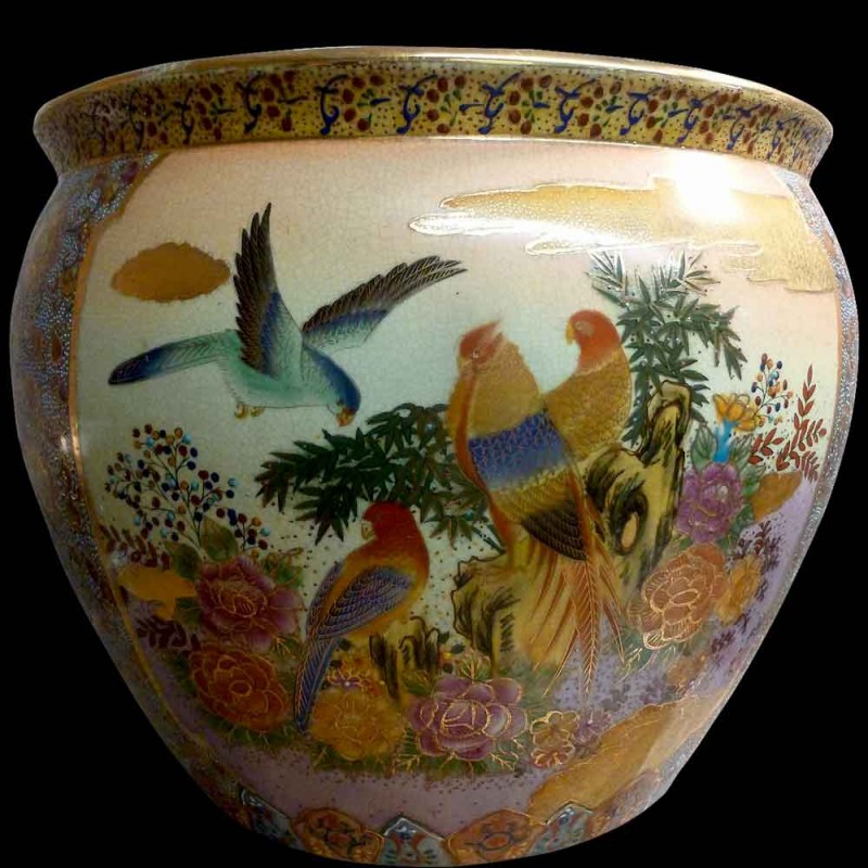 Vintage porcelain fish basin with landscape decor Satsuma Japan 20th century Vintage porcelain fish basin with landscape decor Satsuma Japan 20th century