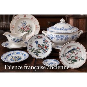 Platos y vajillas antiguas de loza francesa, cerámica de colección.