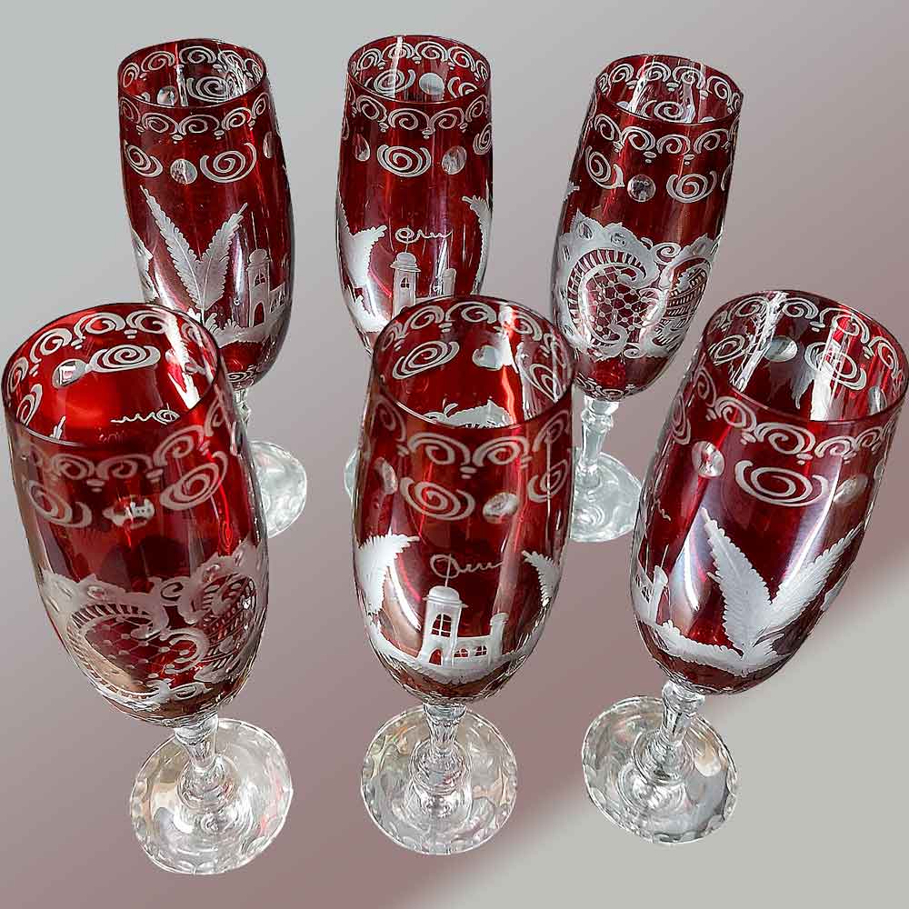 Set van zes eind 19e eeuwse Boheemse kristallen glazen