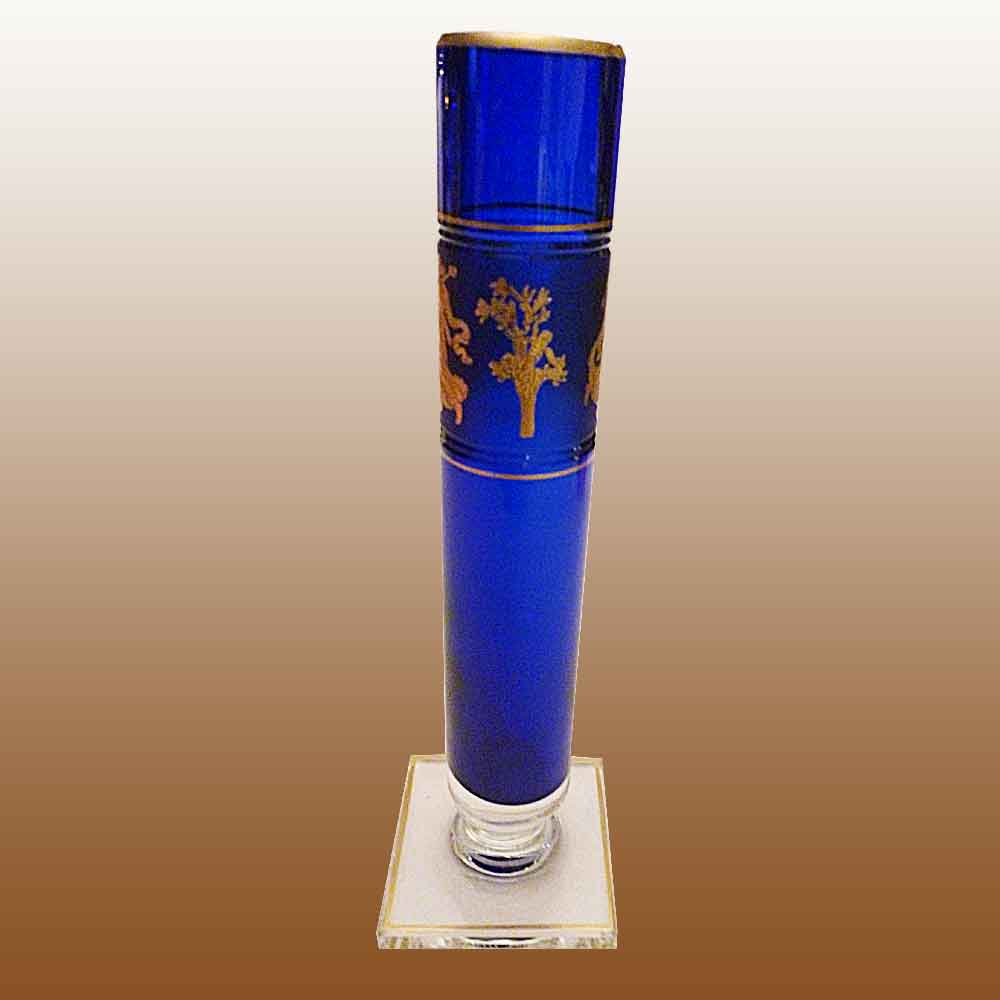 Sumptuous Val Saint Lambert vase in blue crystal and 24-carat gold Danse de Flore decoration