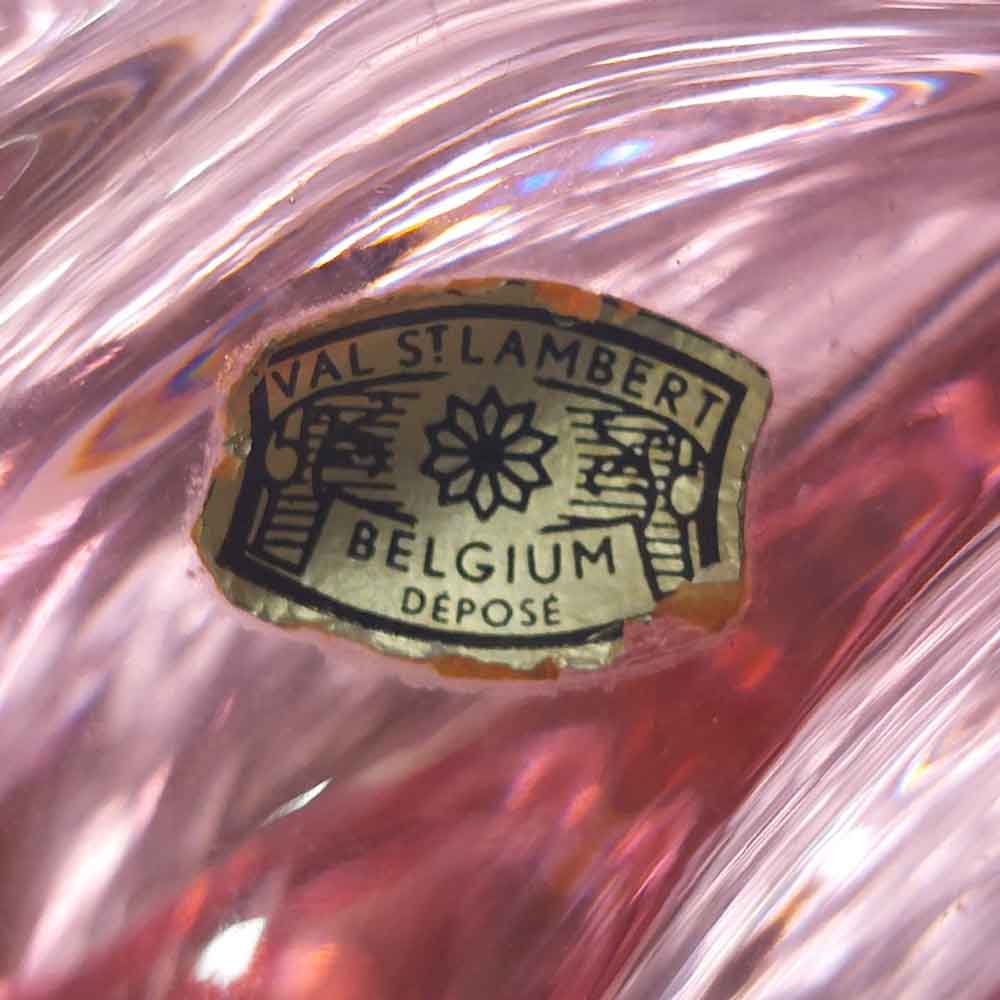 Jarrón de cristal rosa de Val Saint Lambert vintage th. 1957