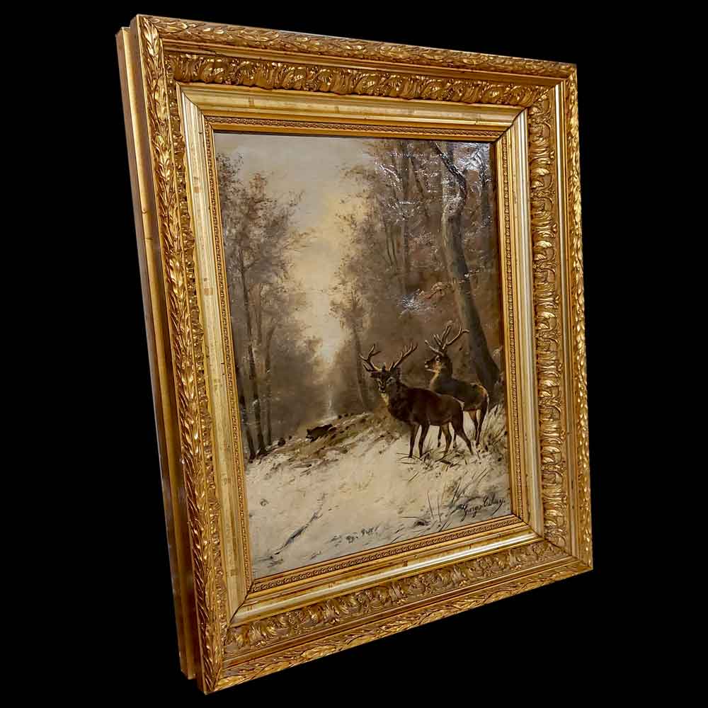 Tableau HST cerfs dans un paysage enneigé fin 19ème siècle signé