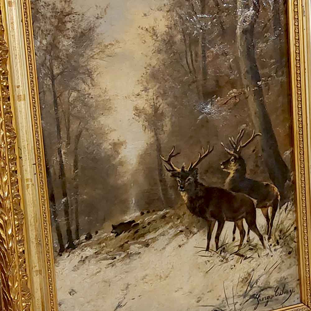 Tableau HST cerfs dans un paysage enneigé fin 19ème siècle signé