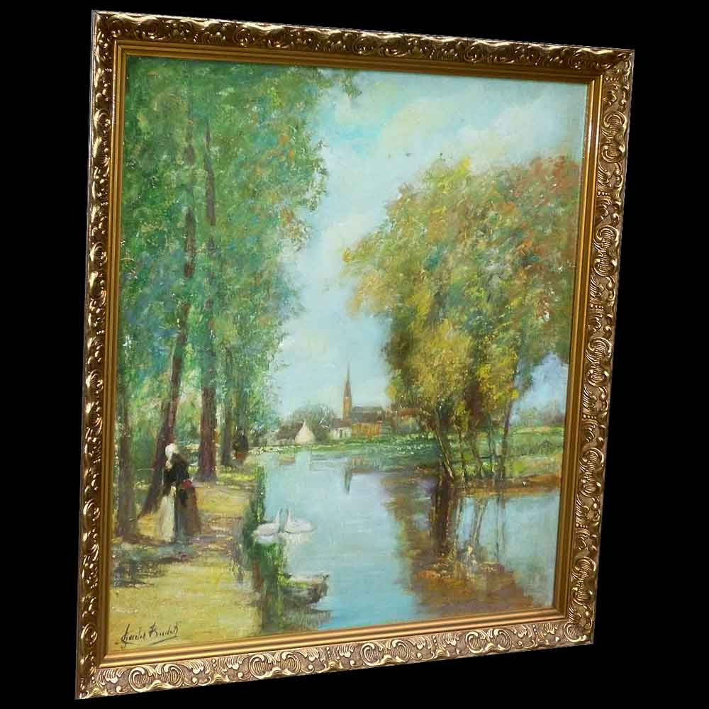 Dipinto di paesaggio lacustre fine XIX secolo inizio XX secolo
